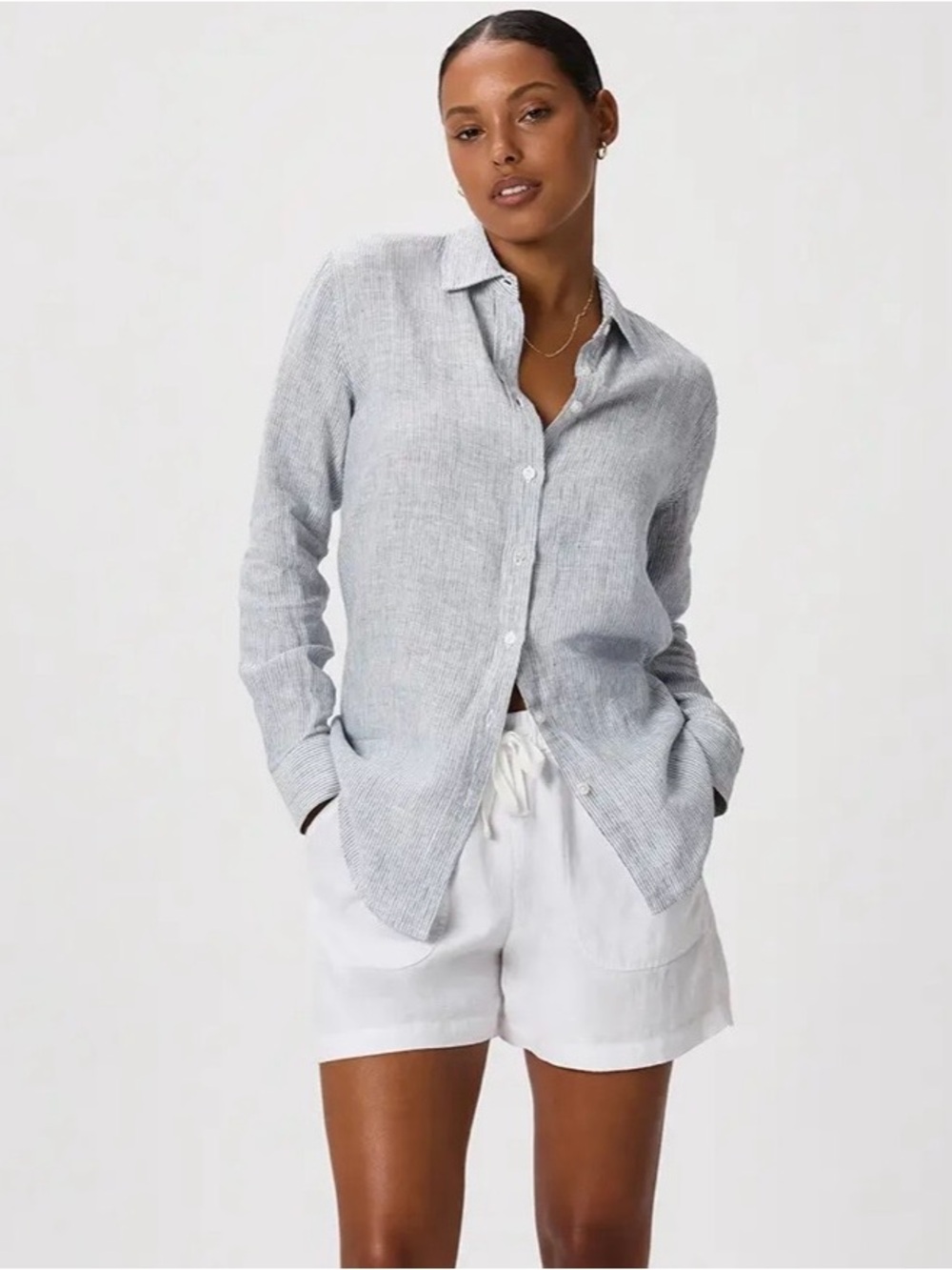 Quince European Linen Long Sleeve Blue Pinstripe Button Down Shirt Large